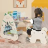 3 in 1 Kinder Sitzgruppe & Tafel & Bücherregal mit 3 Aufbewahrungsboxen & Hocker Grau + Blau