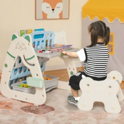 3 in 1 Kinder Sitzgruppe & Tafel & Bücherregal mit 3 Aufbewahrungsboxen & Hocker Grau + Blau