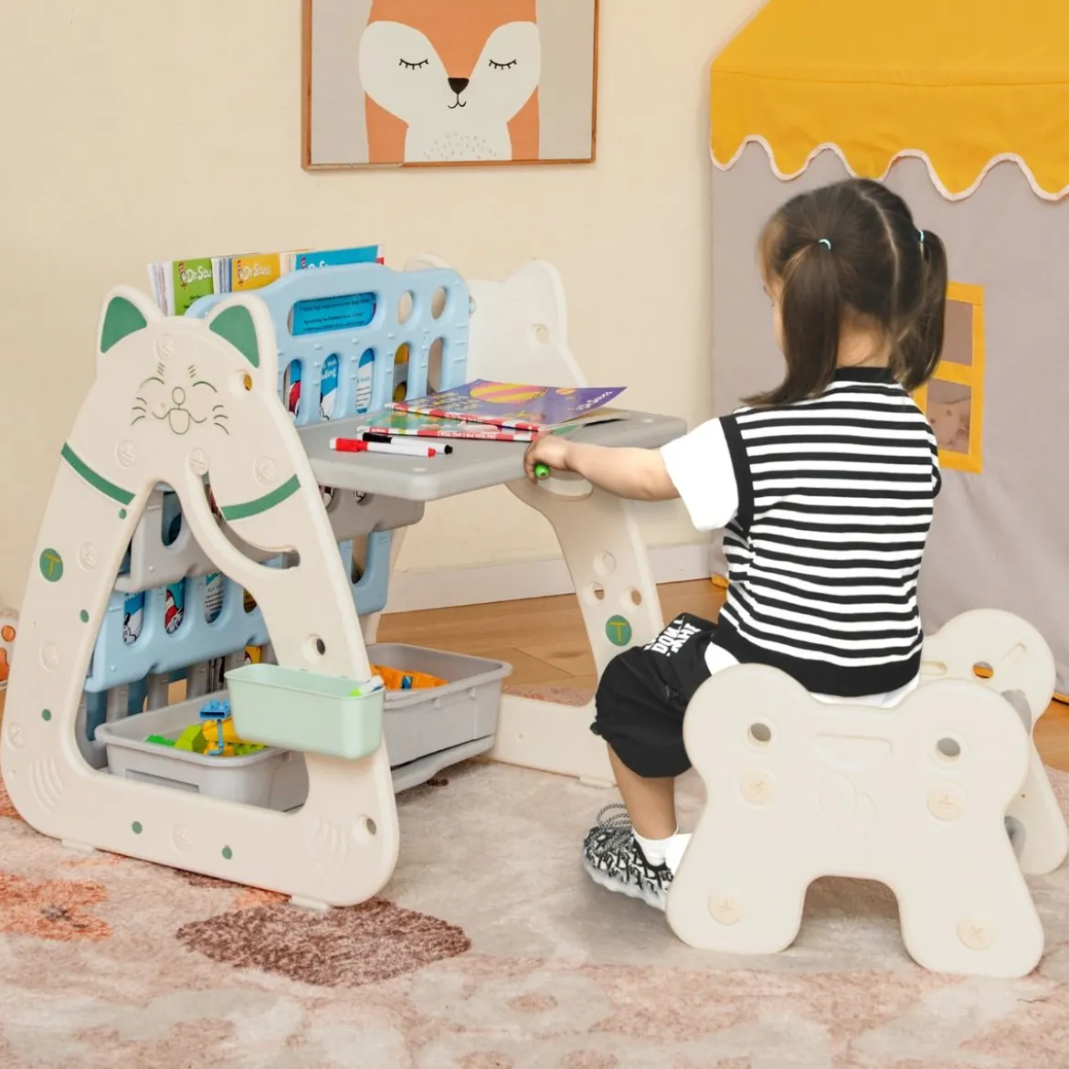 3 in 1 Kinder Sitzgruppe & Tafel & Bücherregal mit 3 Aufbewahrungsboxen & Hocker Grau + Blau