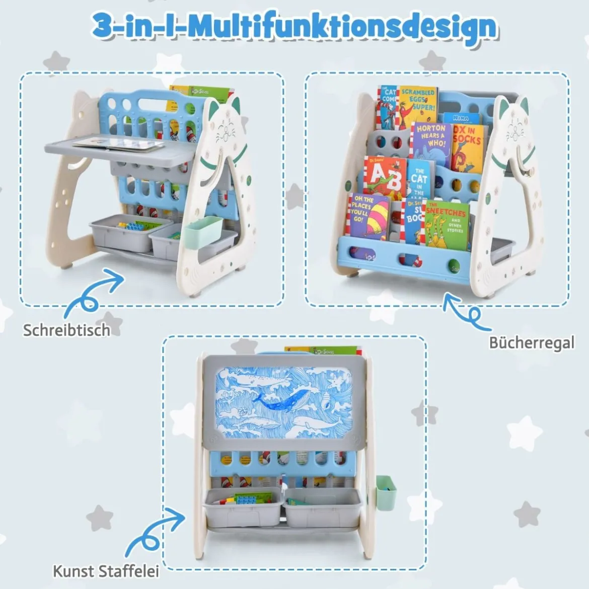 3 in 1 Kinder Sitzgruppe & Tafel & Bücherregal mit 3 Aufbewahrungsboxen & Hocker Grau + Blau