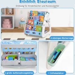 3 in 1 Kinder Sitzgruppe & Tafel & Bücherregal mit 3 Aufbewahrungsboxen & Hocker Grau + Blau