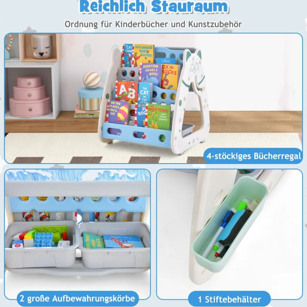 3 in 1 Kinder Sitzgruppe & Tafel & Bücherregal mit 3 Aufbewahrungsboxen & Hocker Grau + Blau