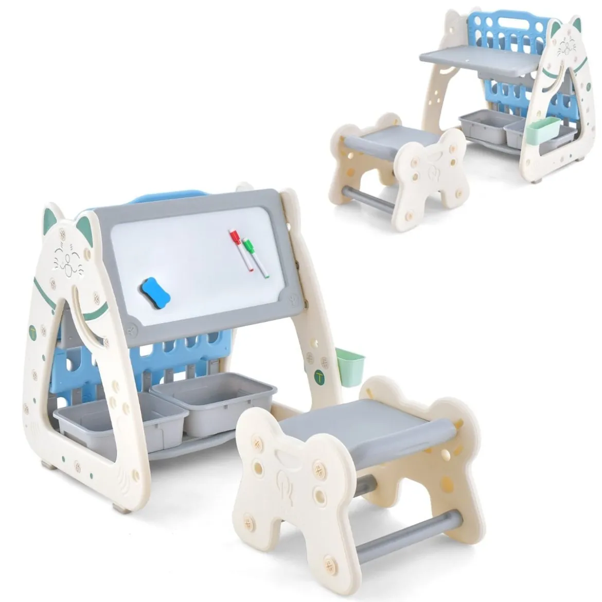 3 in 1 Kinder Sitzgruppe & Tafel & Bücherregal mit 3 Aufbewahrungsboxen & Hocker Grau + Blau
