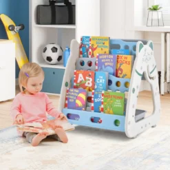 3 in 1 Kinder Sitzgruppe & Tafel & Bücherregal mit 3 Aufbewahrungsboxen & Hocker Grau + Blau