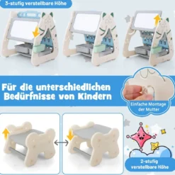 3 in 1 Kinder Sitzgruppe & Tafel & Bücherregal mit 3 Aufbewahrungsboxen & Hocker Grau + Blau