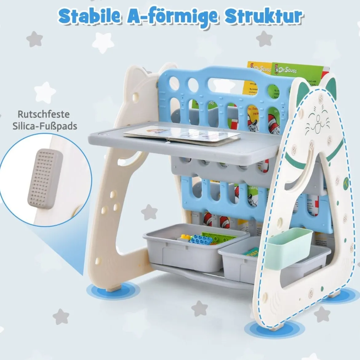 3 in 1 Kinder Sitzgruppe & Tafel & Bücherregal mit 3 Aufbewahrungsboxen & Hocker Grau + Blau