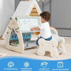 3 in 1 Kinder Sitzgruppe & Tafel & Bücherregal mit 3 Aufbewahrungsboxen & Hocker Grau + Blau