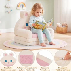 2 in 1 Kindersofa Ausklappbar Kindersessel Umwandelbar Schlafsofa in Hasenform Rosa