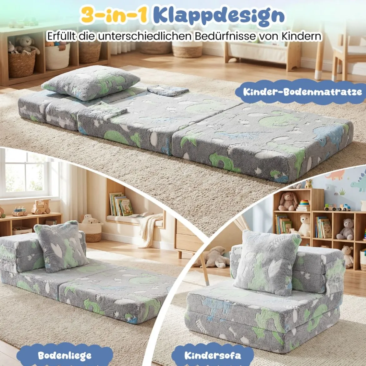 3 in 1 Kindersofa im Dunkeln Leuchtend mit Kissen & Abnehmbarem Bezug Gepolsterter Kindersessel Grau