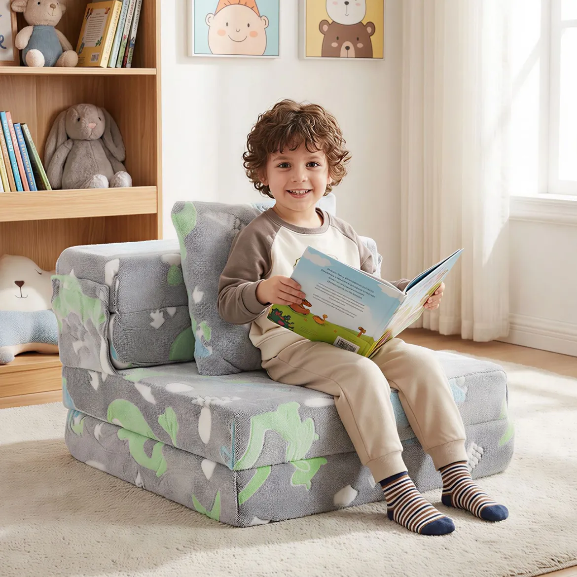 3 in 1 Kindersofa im Dunkeln Leuchtend mit Kissen & Abnehmbarem Bezug Gepolsterter Kindersessel Grau
