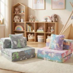 3 in 1 Kindersofa im Dunkeln Leuchtend mit Kissen & Abnehmbarem Bezug Gepolsterter Kindersessel Grau