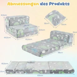 3 in 1 Kindersofa im Dunkeln Leuchtend mit Kissen & Abnehmbarem Bezug Gepolsterter Kindersessel Grau