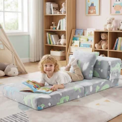 3 in 1 Kindersofa im Dunkeln Leuchtend mit Kissen & Abnehmbarem Bezug Gepolsterter Kindersessel Grau