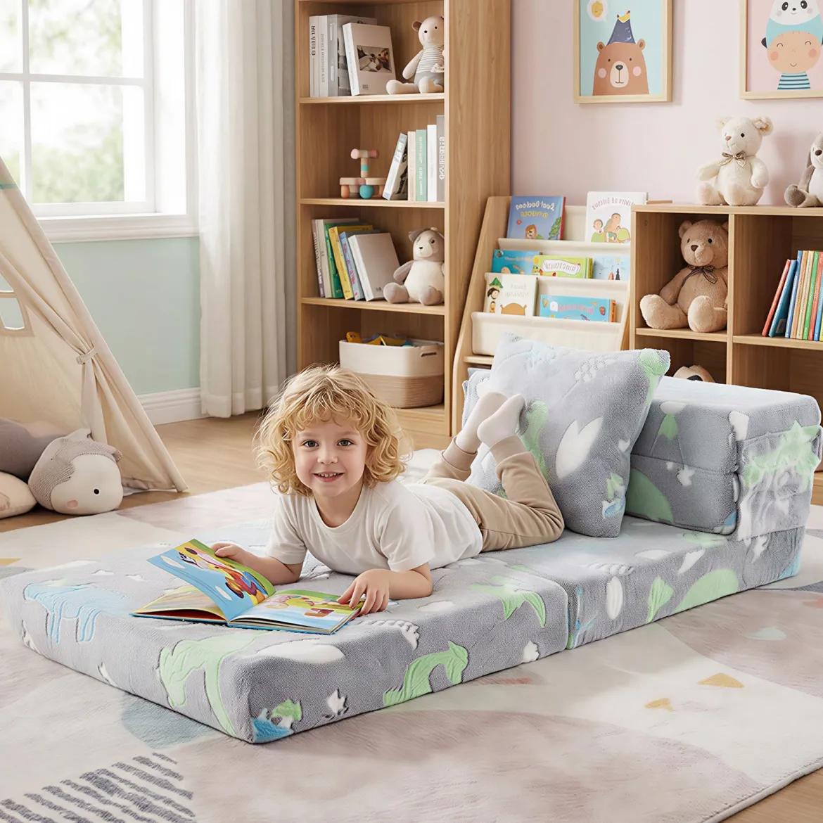 3 in 1 Kindersofa im Dunkeln Leuchtend mit Kissen & Abnehmbarem Bezug Gepolsterter Kindersessel Grau