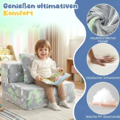 3 in 1 Kindersofa im Dunkeln Leuchtend mit Kissen & Abnehmbarem Bezug Gepolsterter Kindersessel Grau