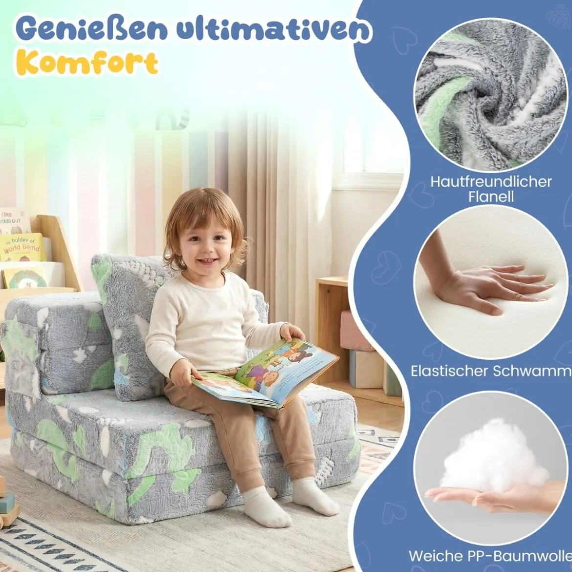 3 in 1 Kindersofa im Dunkeln Leuchtend mit Kissen & Abnehmbarem Bezug Gepolsterter Kindersessel Grau