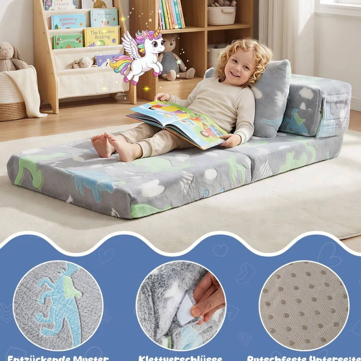 3 in 1 Kindersofa im Dunkeln Leuchtend mit Kissen & Abnehmbarem Bezug Gepolsterter Kindersessel Grau