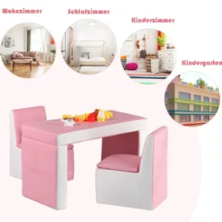 2 in 1 Kindersofa mit Tisch & 2 Stühle & Holzrahmen & PVC-Oberfläche Rosa