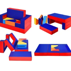 4 in 1 Kinder Sofa & Sitzgruppe & Bett & Puzzle Matraze 6 tlg. Schaumstoffbausteine Soft Foam Bunt