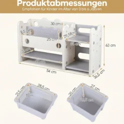 2 in 1 Kinder Spielzeugregal mit Bücherregal 2-stufiges Kinderbuchregal mit 4 Aufbewahrungsboxen Weiß