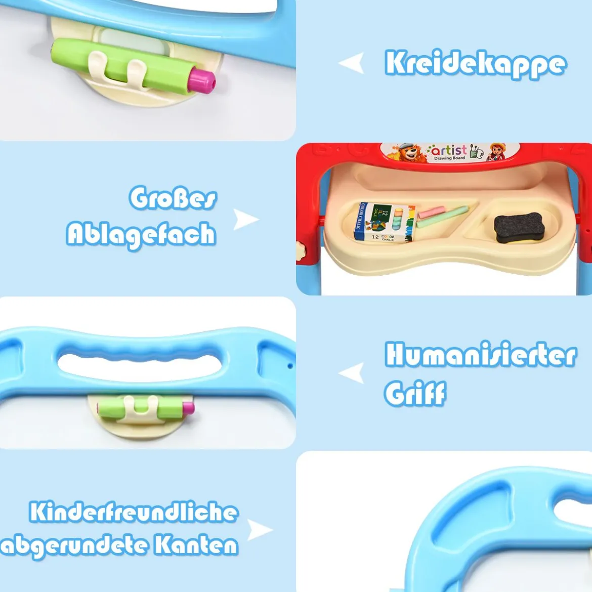 2 in 1 Kinder Staffelei Kunststaffelei doppelseitig mit Kreidetafel & Whiteboard 61 x 45 x 109 cm Blau