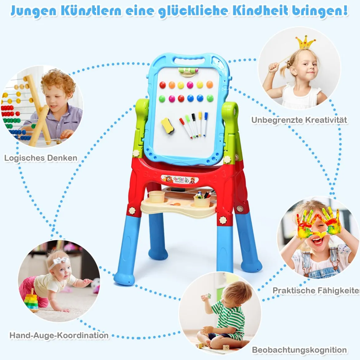 2 in 1 Kinder Staffelei Kunststaffelei doppelseitig mit Kreidetafel & Whiteboard 61 x 45 x 109 cm Blau
