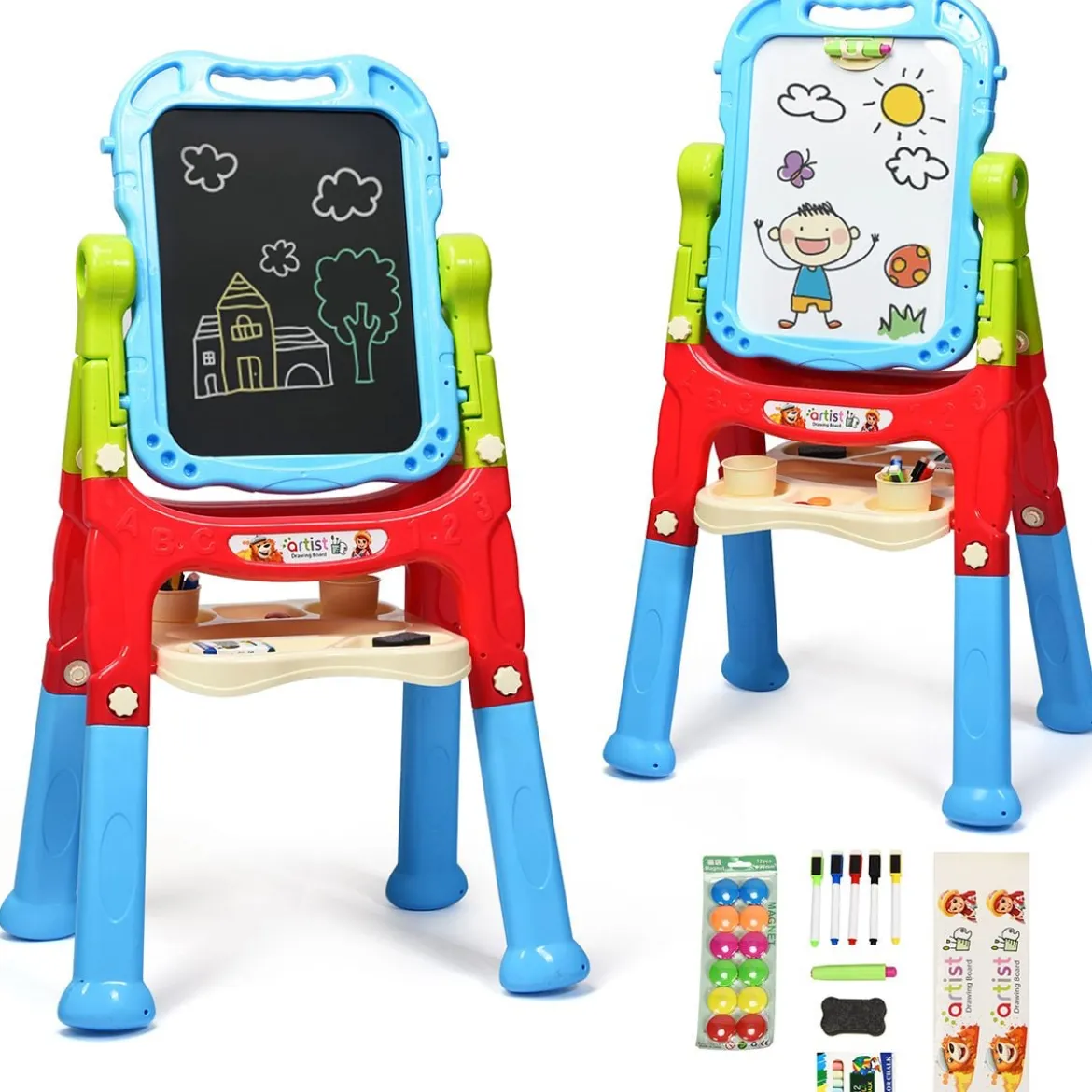 2 in 1 Kinder Staffelei Kunststaffelei doppelseitig mit Kreidetafel & Whiteboard 61 x 45 x 109 cm Blau