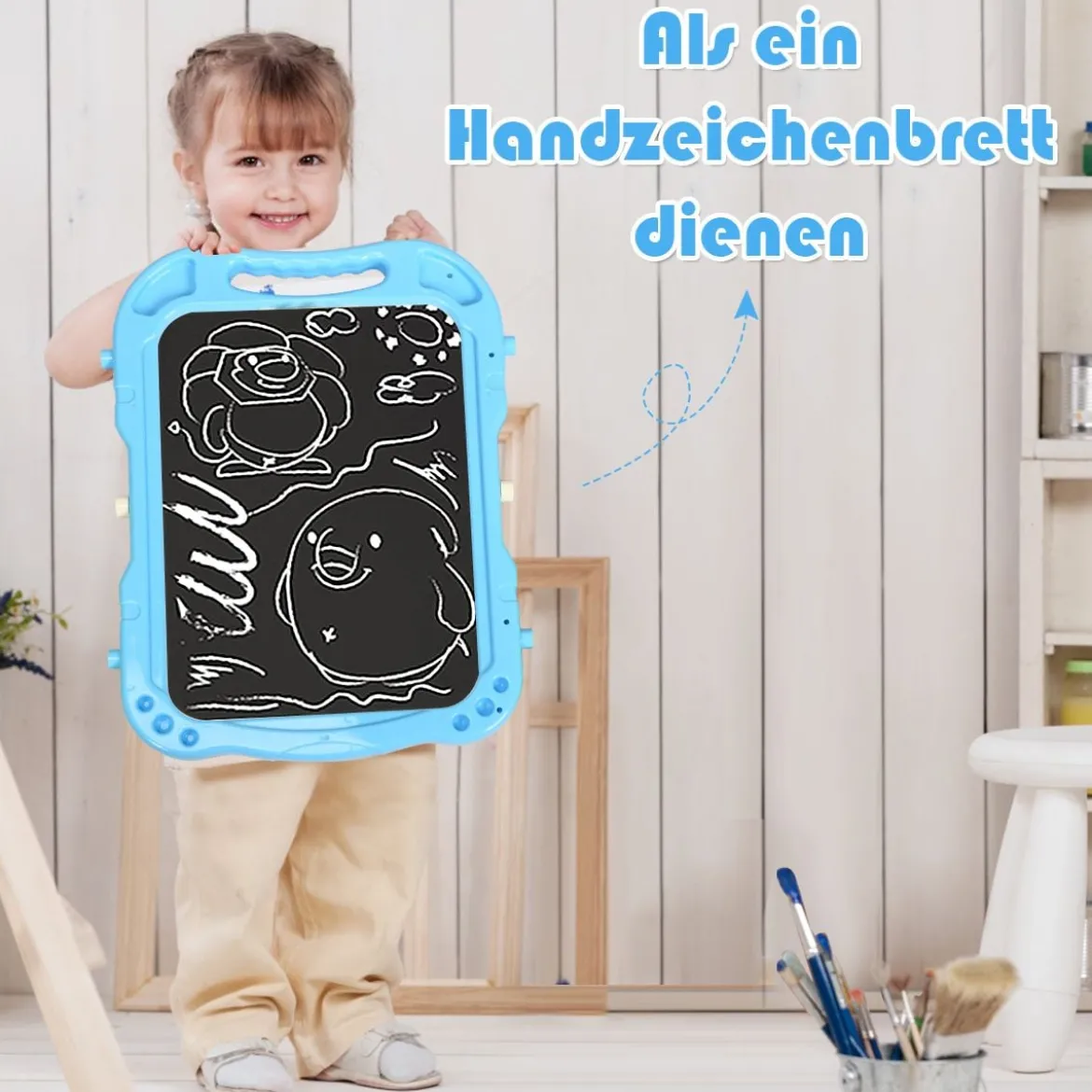 2 in 1 Kinder Staffelei Kunststaffelei doppelseitig mit Kreidetafel & Whiteboard 61 x 45 x 109 cm Blau