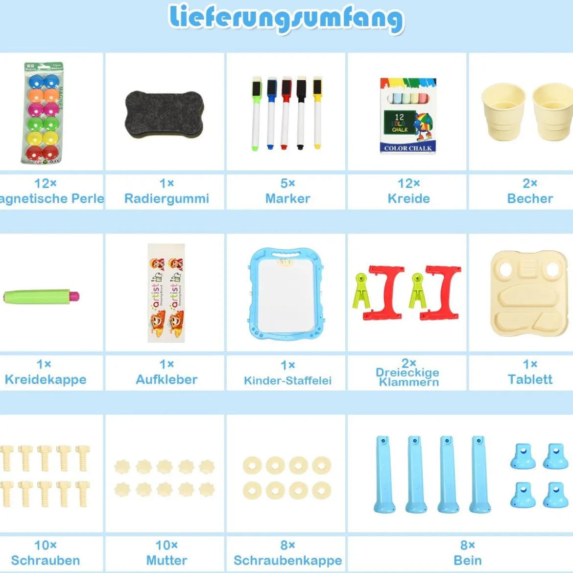 2 in 1 Kinder Staffelei Kunststaffelei doppelseitig mit Kreidetafel & Whiteboard 61 x 45 x 109 cm Blau
