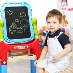 2 in 1 Kinder Staffelei Kunststaffelei doppelseitig mit Kreidetafel & Whiteboard 61 x 45 x 109 cm Blau
