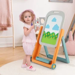 2 in 1 Kinder Staffelei mit Hocker & höhen- und neigungsverstellbarer Tischplatte Orange