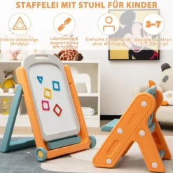 2 in 1 Kinder Staffelei mit Hocker & höhen- und neigungsverstellbarer Tischplatte Orange