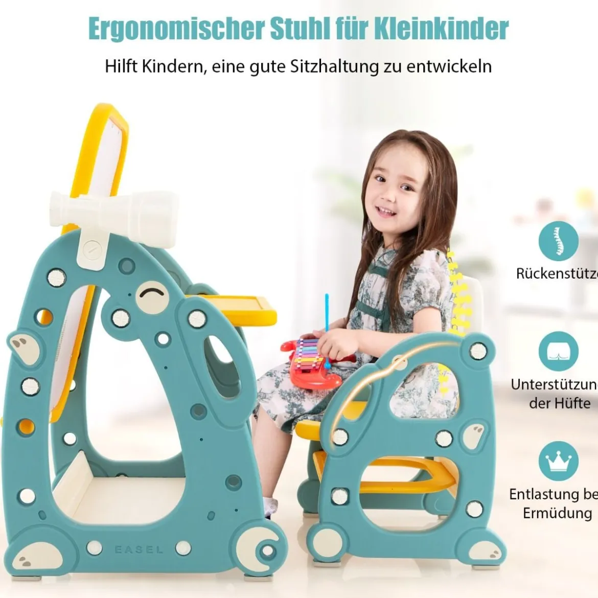 2 in 1 Kinder Staffelei mit 3-stufig Verstellbarem Whiteboard & Malzubehör Blau + Gelb