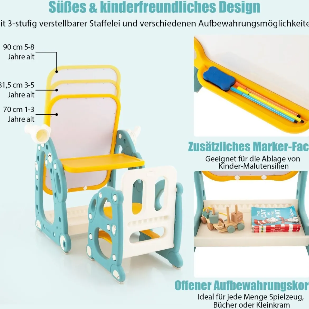 2 in 1 Kinder Staffelei mit 3-stufig Verstellbarem Whiteboard & Malzubehör Blau + Gelb