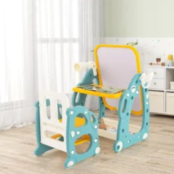 2 in 1 Kinder Staffelei mit 3-stufig Verstellbarem Whiteboard & Malzubehör Blau + Gelb