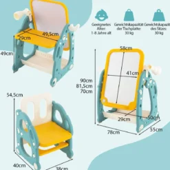 2 in 1 Kinder Staffelei mit 3-stufig Verstellbarem Whiteboard & Malzubehör Blau + Gelb