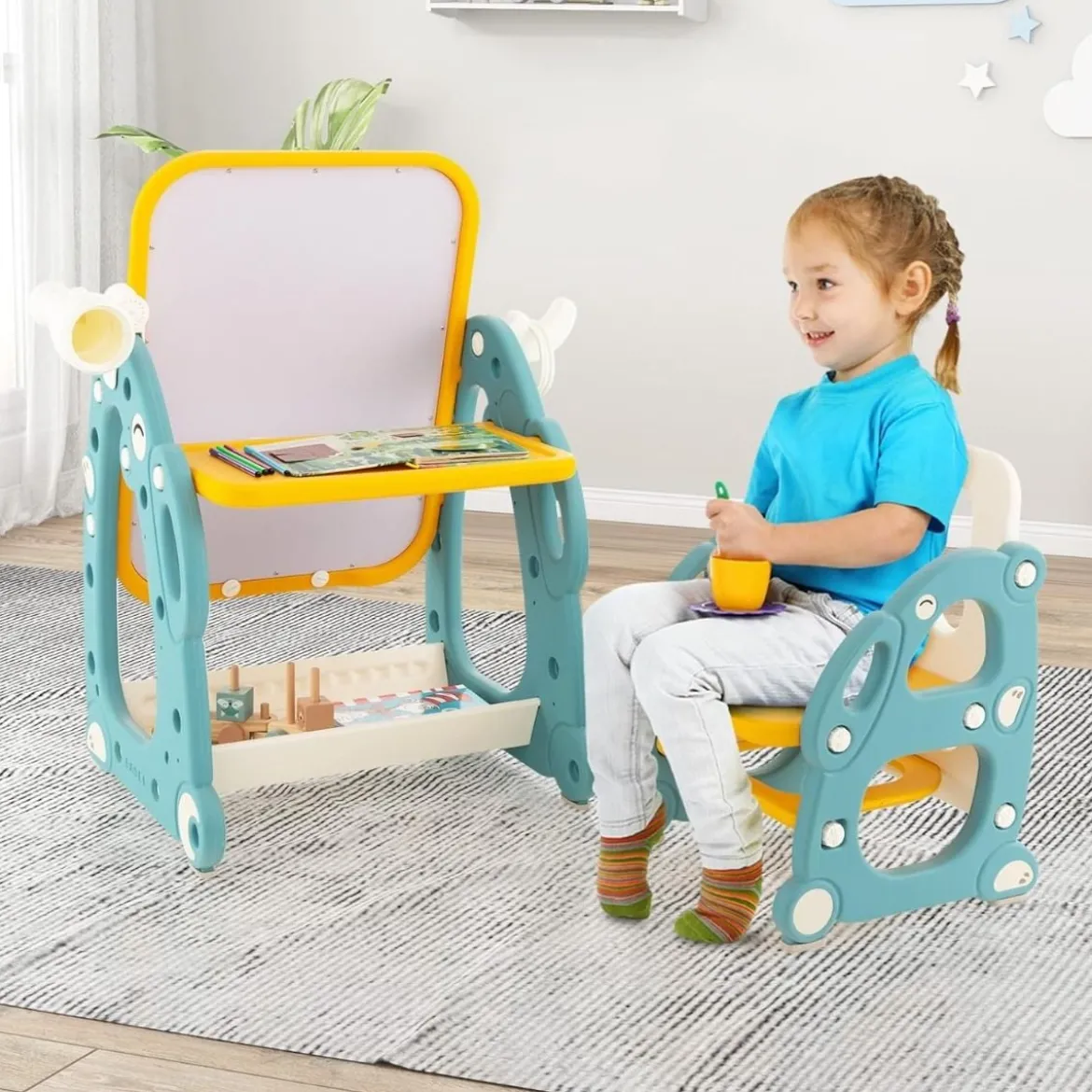 2 in 1 Kinder Staffelei mit 3-stufig Verstellbarem Whiteboard & Malzubehör Blau + Gelb
