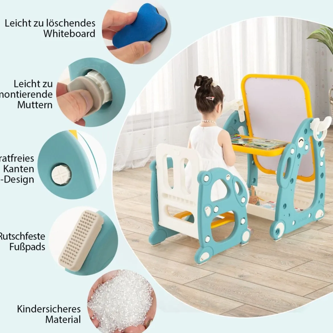 2 in 1 Kinder Staffelei mit 3-stufig Verstellbarem Whiteboard & Malzubehör Blau + Gelb