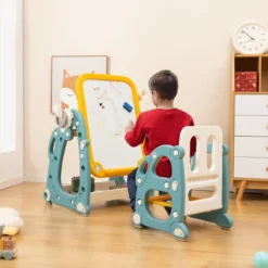 2 in 1 Kinder Staffelei mit 3-stufig Verstellbarem Whiteboard & Malzubehör Blau + Gelb
