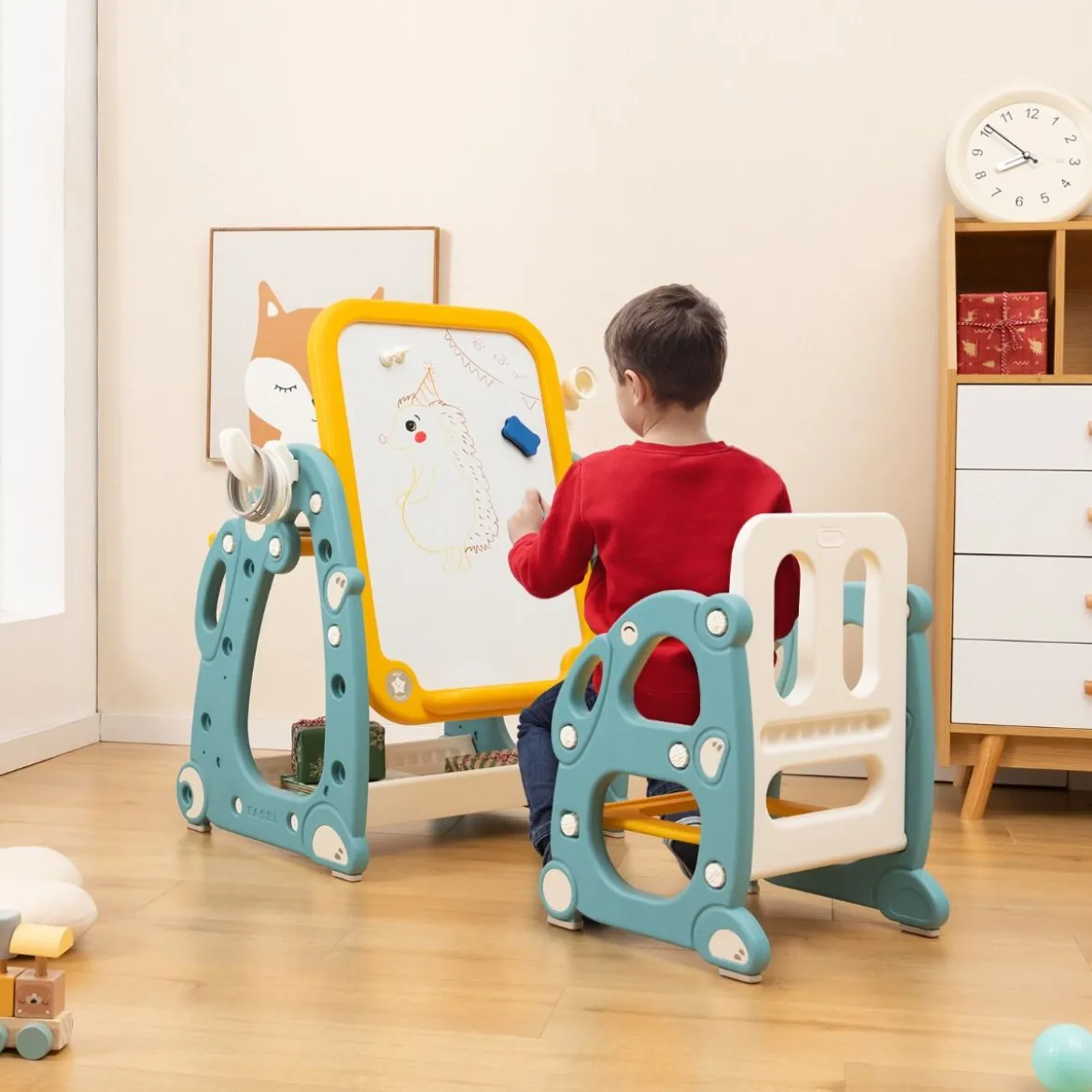 2 in 1 Kinder Staffelei mit 3-stufig Verstellbarem Whiteboard & Malzubehör Blau + Gelb