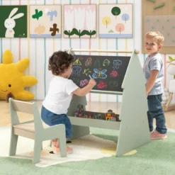 2 in 1 Kinder Staffelei mit Stuhl in Baumform Doppelseitige Standtafel mit Kreidetafel & Whiteboard