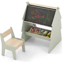 2 in 1 Kinder Staffelei mit Stuhl in Baumform Doppelseitige Standtafel mit Kreidetafel & Whiteboard