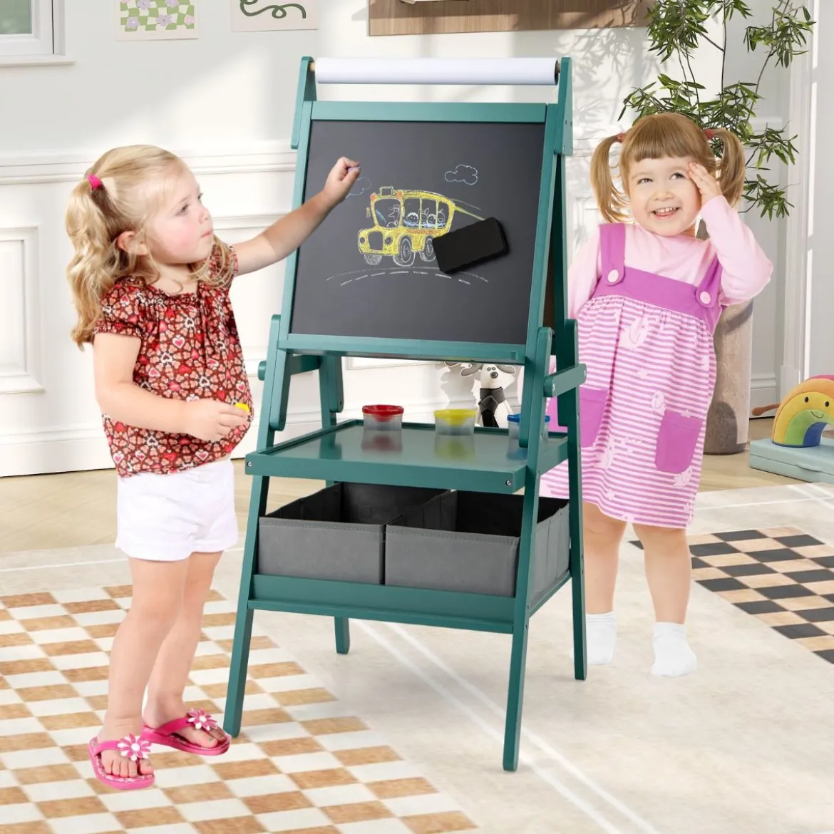 3 in 1 Kinder Tafel mit Papierrolle & Magnetischer Kreidetafel & Whiteboard Doppelseitige Kindertafel