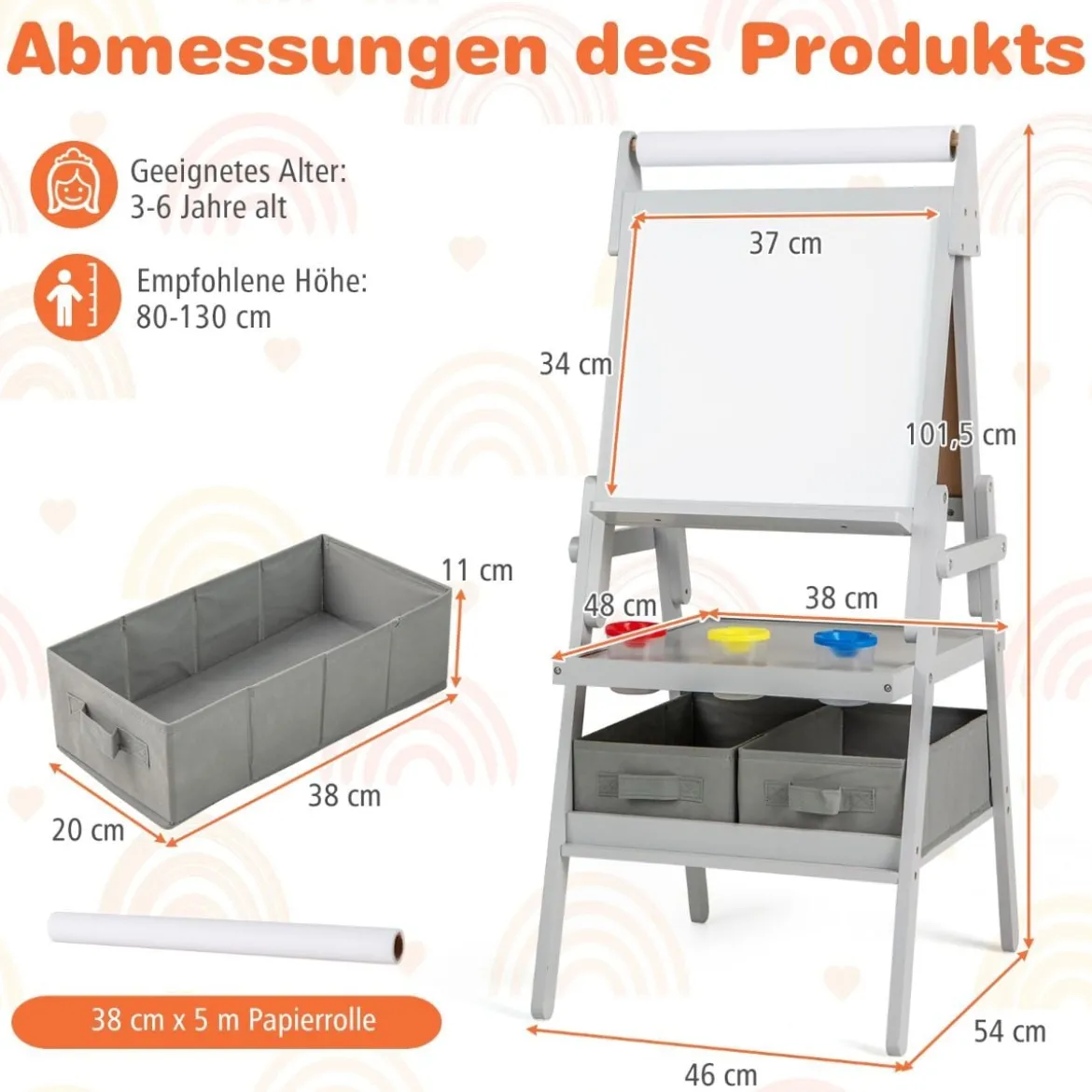 3 in 1 Kinder Tafel mit Papierrolle & Magnetischer Kreidetafel & Whiteboard Doppelseitige Kindertafel