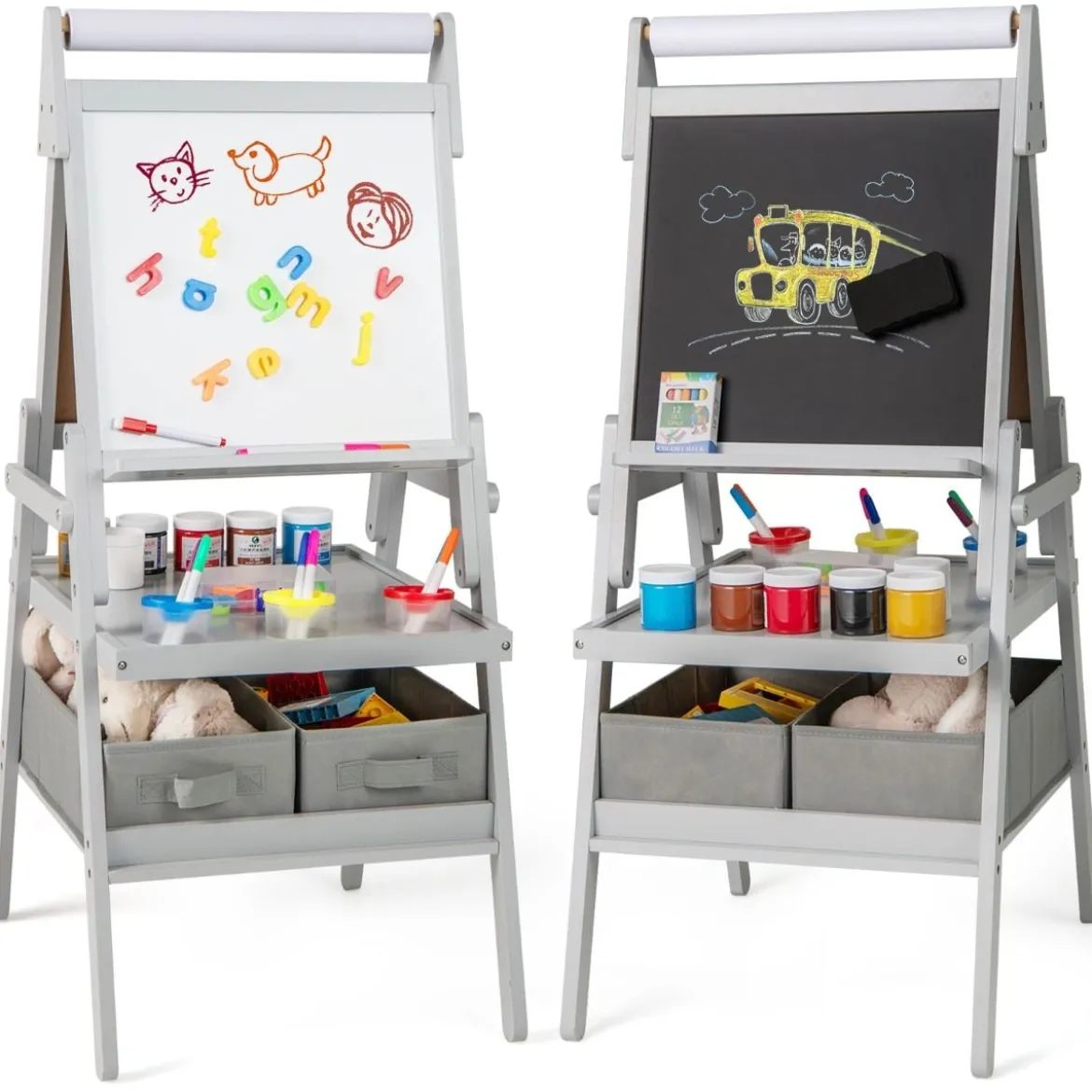 3 in 1 Kinder Tafel mit Papierrolle & Magnetischer Kreidetafel & Whiteboard Doppelseitige Kindertafel