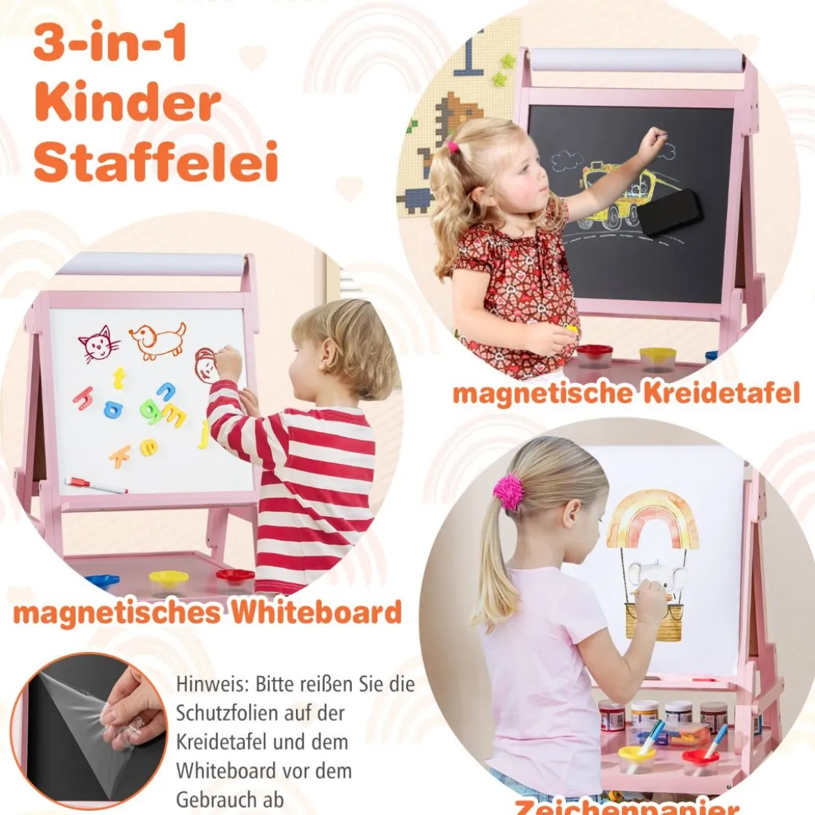 3 in 1 Kinder Tafel mit Papierrolle & Magnetischer Kreidetafel & Whiteboard Doppelseitige Kindertafel
