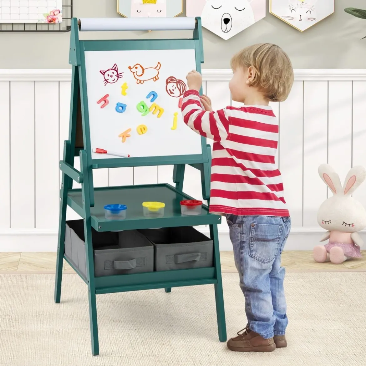 3 in 1 Kinder Tafel mit Papierrolle & Magnetischer Kreidetafel & Whiteboard Doppelseitige Kindertafel