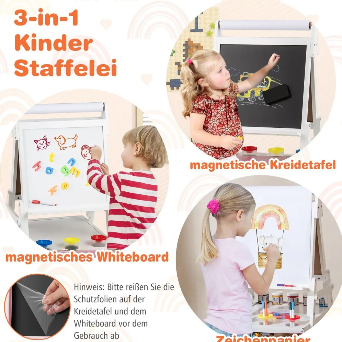 3 in 1 Kinder Tafel mit Papierrolle & Magnetischer Kreidetafel & Whiteboard Doppelseitige Kindertafel