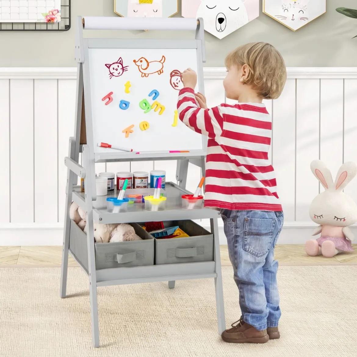 3 in 1 Kinder Tafel mit Papierrolle & Magnetischer Kreidetafel & Whiteboard Doppelseitige Kindertafel