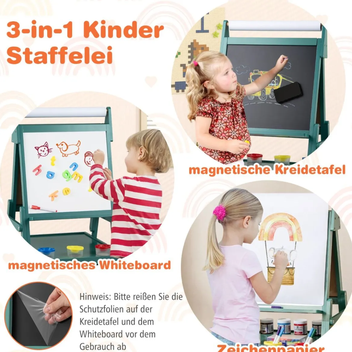 3 in 1 Kinder Tafel mit Papierrolle & Magnetischer Kreidetafel & Whiteboard Doppelseitige Kindertafel